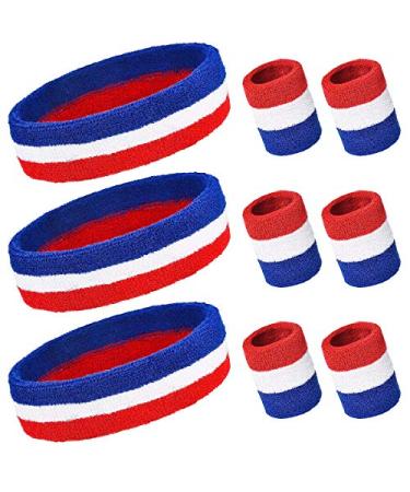 PAMASE Striped Sweatbands Set Including Sports Headbands and Wristbands Cotton Sweat Band American Flag Style for Tennis Athletic Men Women 3 Pack