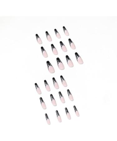 Coffin False Nails Long 24Pcs Black French Fake Nails with Flame Design - Nail Glue Included | Ballerina Stick-on Nail Art for Women and Girls - Buy Online on GoSupps.com