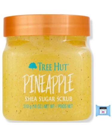 T H Tree Hut Shea Sugar Body Scrub Pineapple 18oz  With Single Fragrance-Free Makeup Remover Cleansing Towelette