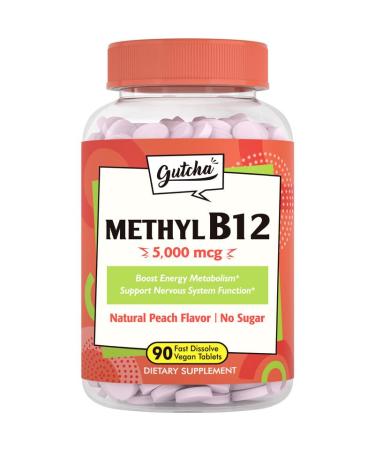 Gutcha Vitamin B12 5000 mcg Bioactive Methylcobalamin for Nerve Heart Brain Health & Energy Production Non GMO No Sugar No Gluten Natural Peach Flavor 90 Vegan & Fast Dissolve Tablets