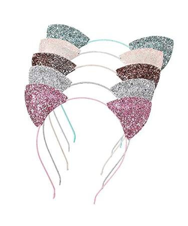 LIRILA Party Cat Ear Headbands 3D Puffy Sparkly Double-Side Glitter Sequin Ear Headbands Shiny Hairbands for Girls and Women Hairbands Cosplay and Party Decoration, Pack of 5