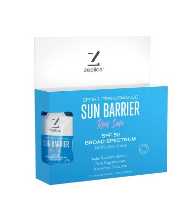 Zealios Sun Barrier Broad Spectrum SPF 50 Zinc Sunscreen - Water-Resistant & Non-Greasy Active Sport Sunblock Travel Size Packets - 10 Pack