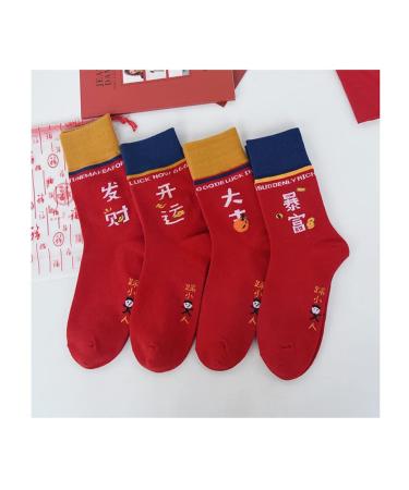 Chinese New Year Red Socks Ping an Auspicious Good Fortune Rich Cotton Women's Socks 4 Pairs 36-42 (Color : Style 3)