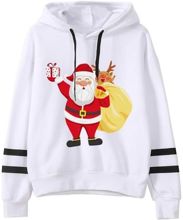 Bigfanshu Womans Fall Clothes Christmas Printing Stripe Round Collar Long Sleeves Sweater Tops White - Buy Online on GoSupps.com