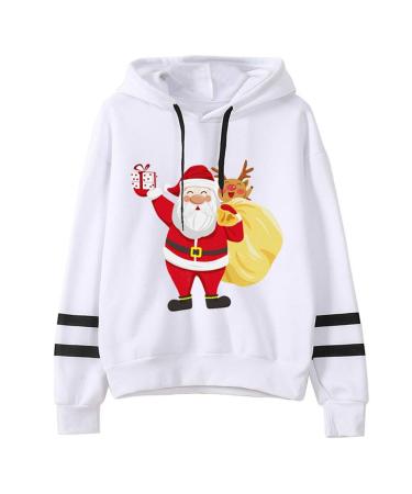 Bigfanshu Womans Fall Clothes Christmas Printing Stripe Round Collar Long Sleeves Sweater Tops White