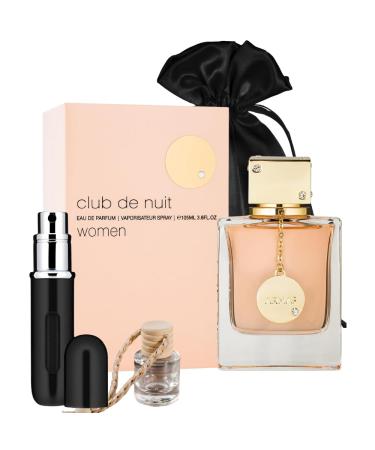 Bundle of Armaf Club De Nuit Eau de Parfum Spray for Women 3.6oz with 5ml Portable Refillable Atomizer and Refillable Car Freshener in a Satin Gift Bag