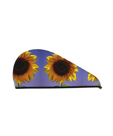 Bloom Sunflower Coral Velvet Dry Hair Cap Caps with Buttons for Drying Curly Long & Thick Hair Anti Frizz Black