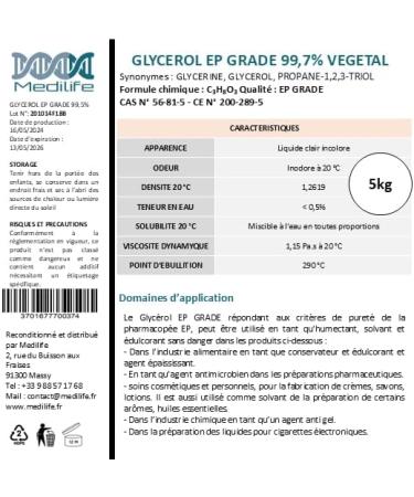 5 kg Vegetable Glycerin (Glycerol) EP GRADE 99.5% Food Cosmetic Glycerol 100% Natural - Buy Online on GoSupps.com