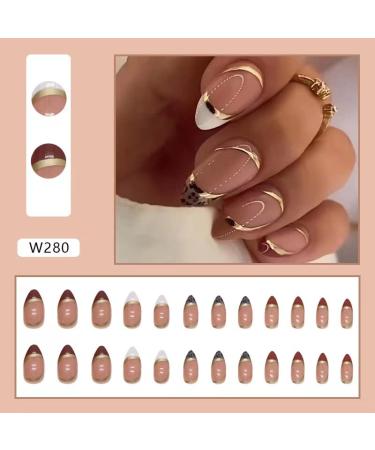 24 Pcs Almond French Tip Press on Nails with Gold Line Stripes and Leopard Designs - Glossy False Nails for Women and Girls - Buy Online on GoSupps.com