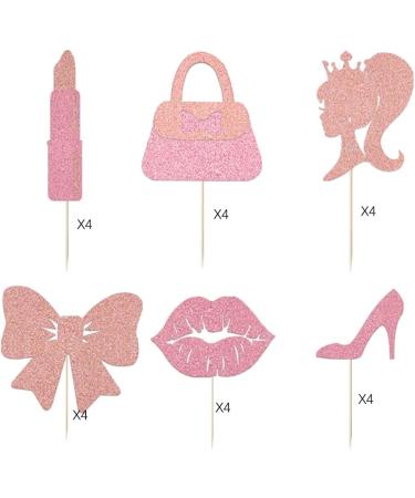 24 PCS Hot Pink Girl Cake Toppers - Glitter Princess Birthday Cupcake Decorations - High Heel Lipstick bowknot Cupcake Picks for Wedding Baby Shower Anniversary Girl Birthday Themed Party Supplies - Buy Online on GoSupps.com