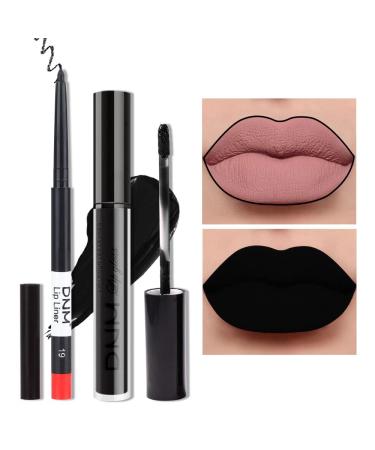 evpct 2Pcs Black Matte Liquid Lipstick and Lip Liner Gloss Stain Pencil Makeup Set DNM Long Lasting Dark Matte Lipstick 24H and with Lip Liner Set for Black women labiales mate 24 horas originales 19 0.21 Fl Oz (Pack of...