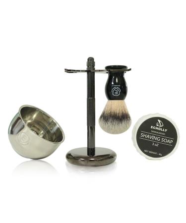 Premium Shaving Brush Kit-4 in 1 Shaving Brush Set for Men Includes Shaving Brush Shaving Cream Soap Stainless Steel Bowl and Safety Shaving Stand for Mens Shaving Gift Set(Black)
