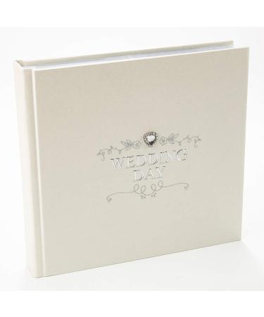 Happy Homewares Ivory Wedding Day Photo Album in Silver Plated Text and Diamante Heart Jewel with Beautiful Floral Decoration - Ideal Wedding Gift