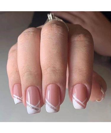 Vatocu French nails to stick on pink white artificial nail lines glitter false nails bellarina acrylic press on nails for women and girls (24 pieces)