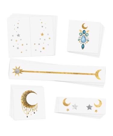 COSMIC GEMS VARIETY SET includes 25 assorted premium waterproof metallic gold & silver temporary foil party tattoos - face sparkle  face tattoo  stars  moon  festival tattoo  boho tattoo  celestial - Buy Online on GoSupps.com