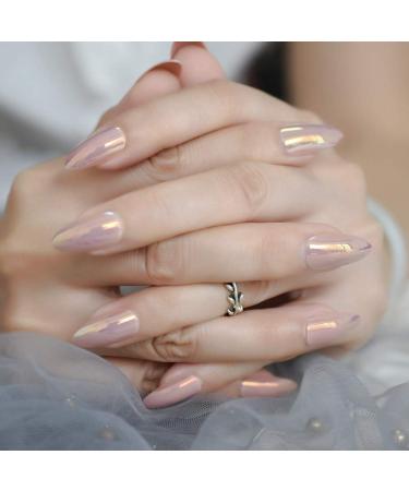 Medium Shiny Misty Rose Full Cover Almond Fake Nails - Elegant Duo Chrome Design for Sexy and Simple Nail Art - Buy Online on GoSupps.com