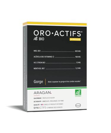 ARAGAN - Synactives - Organic Oroactive - Sore Throat Food Supplement - Honey, Acerola, Menthol, Lemon Essential Oil - 24 Lozenges - 6 to 24 days taken - Made in France