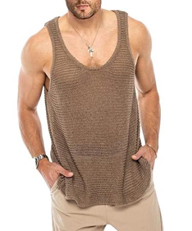 Lanliun See Through Sleeveless Tank Tops for Men Casual Unique Workout Outdoor T Shirts Gym Muscle Shirts Brown Medium
