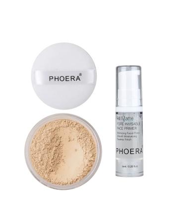 PHOERA Setting Powder and Face Primer for Makeup, Control Oil Brighten Skin Color Cover Blemish Whitening Face Setting Loose Powder?(2 Pcs) (02 Cool Beige + makeup primer)