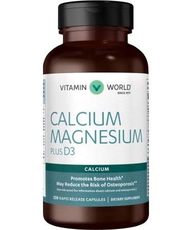 Vitamin World Calcium Magnesium Plus Vitamin D3 250 Capsules Promotes Bone Health Mineral Supplement Rapid-Release Gluten Free