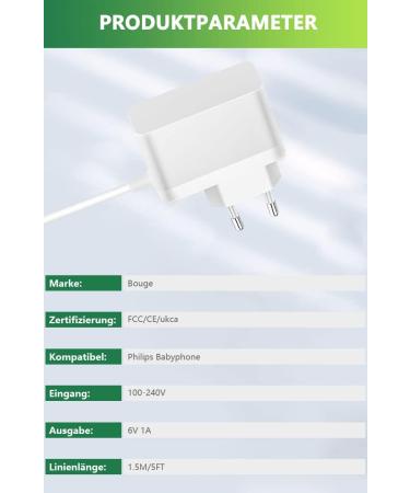 Buy Bouge Charging Cable for Philips Avent Babyphone SCD503/26 SCD501/00 SCD713/26 SCD600 SCD560 - 6V Power Supply (White) | International Shipping Available - Buy Online on GoSupps.com
