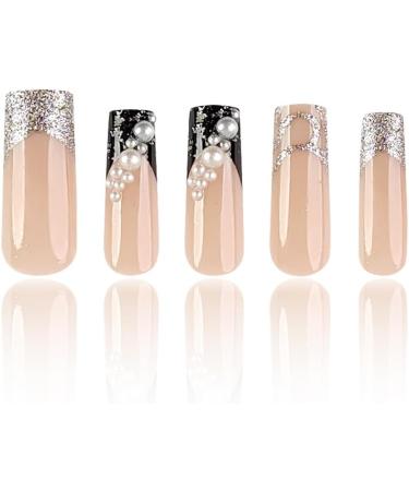 French Tip Press on Nails - Long Press On Nails with Nail Tips Pearl Sparkling Pink Black Silver French False Nail press on nails Acrylic False Nails Cute Artificial Nails - Buy Online on GoSupps.com