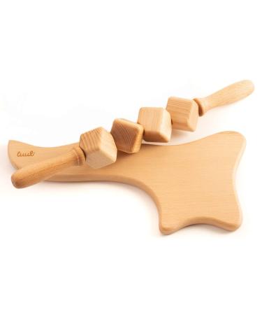 tuuli Anti Cellulite Massage Set Massager Cube Massage Roller Roller with Handle Gua Sha Maderotherapy made of wood