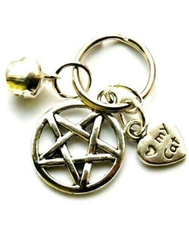 Silver Knight 'I Love My Cat' Heart Pentagram & Bell Collar Charm Wiccan Protection Pets Pet Bling Pussy
