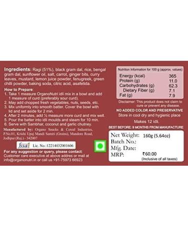 ORGANIZE Organo Nutri Instant Ragi Idli Mix 480g - Buy Online on GoSupps.com