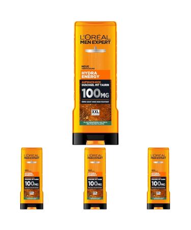 L'Or al Paris Men Expert XXL shower gel and shampoo for men for cleaning body hair and face men's shower room with Taurin Hydra Energy 1 x 400 ml (pack with 4) 400 ml (4 Pack)
