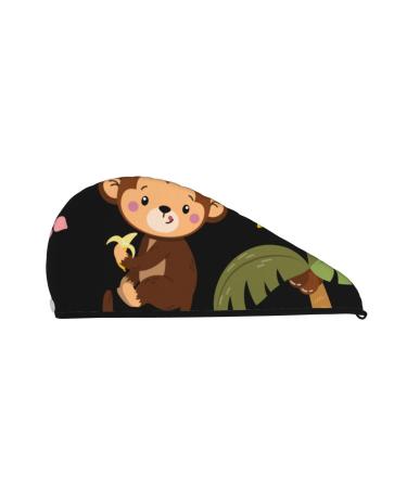 Microfiber Hair Drying Cap Monkeys Swinging from Palms Hair Towel Cap Soft Absorbent Hair Towel Towel Wrap with Button Quick Dry Fast Drying Hair Capsfor Curly Long & Thick Hair
