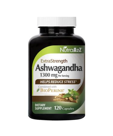 NutraA2Z Extra Strength Ashwagandha - 120 Vegetarian Capsules - 1300mg Ashwagandha Root Powder & 10mg BioPerine (Black Pepper Extract) for Higher Absorption - Helps with Stress Reduction