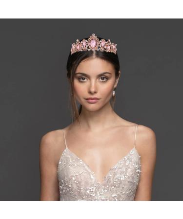 Vofler Rose Gold Tiara with Pink Crystal - Baroque Rhinestone Crown for Women - Ideal for Princess, Bride, Birthday, Wedding, Prom, Quinceanera - Rose Gold and Pink - Buy Online on GoSupps.com