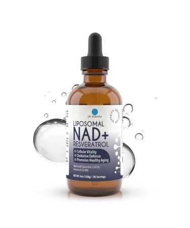 Dr. Robaina Liposomal NAD Liquid Drops Doctor-Formulated with Trans-Resveratrol Quercetin CoQ10 Vitamin B3 & TMG 400 mg NAD per 4 mL Serving Berry Flavor Amber Glass Dropper 4 fl oz