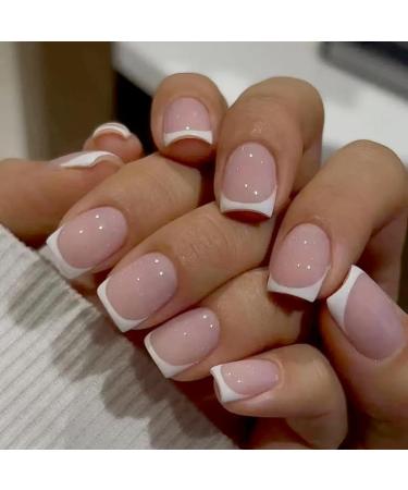 Mouyouglow press on nails short Square Rosa Nude Sweet Pink White French Fake Nails with nail glue angular white tip Artificial fingernails Q2