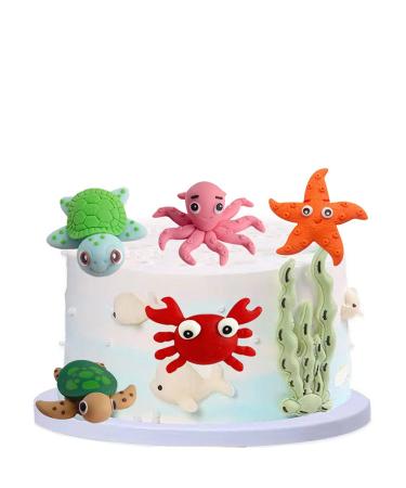 Sea Cake Toppers, 5pcs Sea Birthday Cake Topper Cupcake Topper, Ocean Animals Sea Cake Decorations for Kids Under the Sea Ocean Sea World Theme Birthday Baby Shower Party Supplies