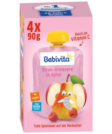 Bebivita squeeze bag fruit pear-raspberry in apple pack of 4 (4 x 4 x 90g) - Buy Online on GoSupps.com