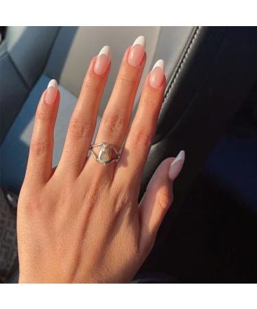 JUSTOTRY 24 Pcs Oval Short False Nails White French Press on Nails Pattern Nude Fake Nails Short with Nail Glue Glossy Almond Stick on Nails for Women Nails Fake Nail for Nails Art white O5