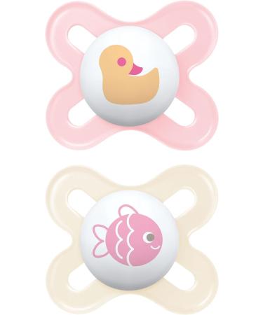 MAM Original Start Soother 0-2 Months (Set of 2) Baby Soother Made from Sustainable Material SkinSoft Silicone Teat with MAM Soother Case Pink (Designs May Vary) Pink 2