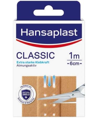 Hansaplast Classic Pflaster (1 m x 6 cm) cutable wound patches with extra strong adhesive power & bacteria shield flexible and breathable bandage material 100x6 cm (1 Pack) 1m x 6cm - with bacteria shield - Buy Online on GoSupps.com
