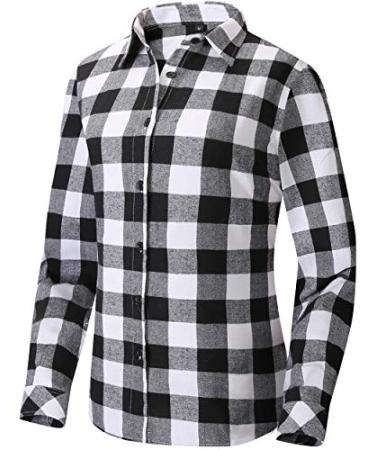 Uillnoodu Women's Flannel Plaid Shirts Long Sleeve Regular Fit Button Down Casual Cotton White Black Plaid Large