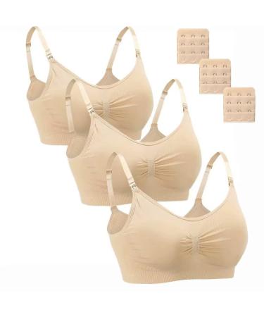 Dreamburn Maternity Nursing Bra Wireless Seamless Comfortable Breastfeeding Bras 4 Rows Adjust Hook with Removable Spill Prevention Pads Add Extenders L 3*beige Style1