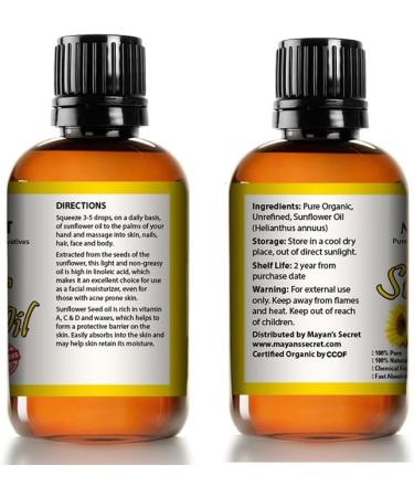 Mayan's Secret Sunflower Seed Oil - 4oz Size | All Natural Cold Pressed USDA Certified Organic - High oleic| Daily or Nighttime Regimen Large 4oz Amber Glass Bottle & Glass Dropper. Sunflower 4 Fl Oz (Pack of 1) - Buy Online on GoSupps.com