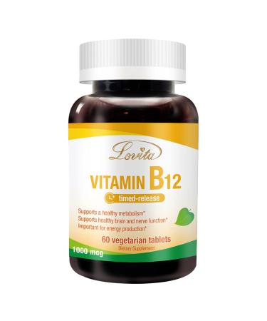 Lovita Vitamin B12 1000 mcg (B12 Vitamins as Cyanocobalamin) Timed Release B12 Vegan-Friendly Supports Nervous System 60 Vegetarian Tablets (2 Month Supply) 60 Count