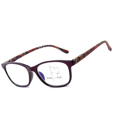 PLOPLO Progressive Multifocal Multifocus Glasses+Anti Blue Light Blocking Computer Reader Purple Flower 1.5 x