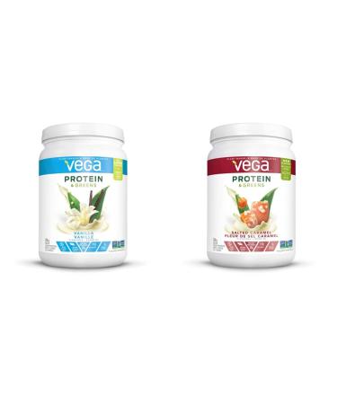 Vega Protein and Greens Vanilla (18 Servings) + Vega Protein and Greens Salted Caramel (17 Servings) Plant Based Protein Powder Bundle