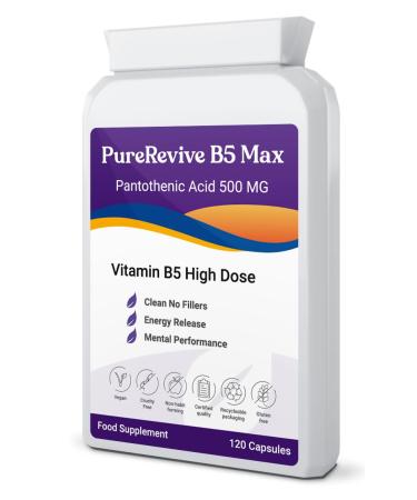 PureRevive High-Potency Vitamin B5 500mg - Advanced Pantothenic Acid Formula for Enhanced Metabolism Skin & Joint Support | Non-GMO Gluten-Free | Made in UK (120)
