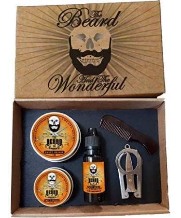 Beard Care & Styling Set. Beard Balm Beard Oil Mustache Wax Mini Comb & Scissors Sweet Orange