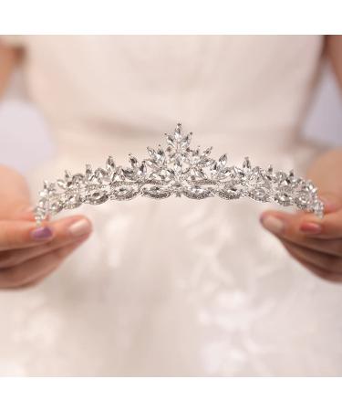Wekicici Rhinestone Crystal Leaves Tiara Silver Queen Princess Crown for Women Wedding Headband Costume Accessories for Pageants Wedding Prom Birthday(Silver)