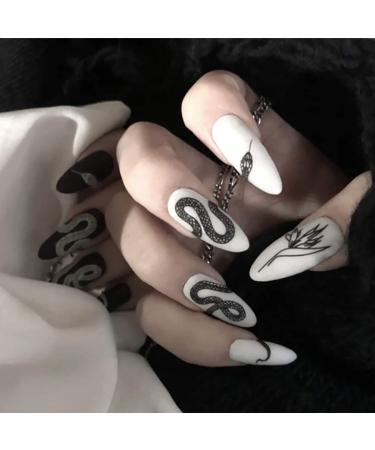 Sethexy Matt Stilett Long False Nails - Black & White Snake Design | 24 pcs Acrylic Art Press-On Fingernails for Women & Girls - Buy Online on GoSupps.com